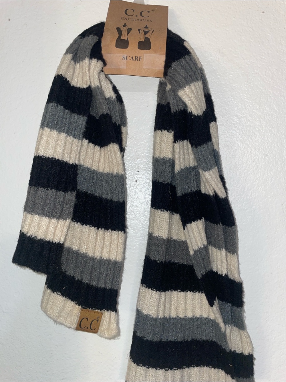 C.C Striped Ribbed Knit Scarf in Black, Gray, Cream